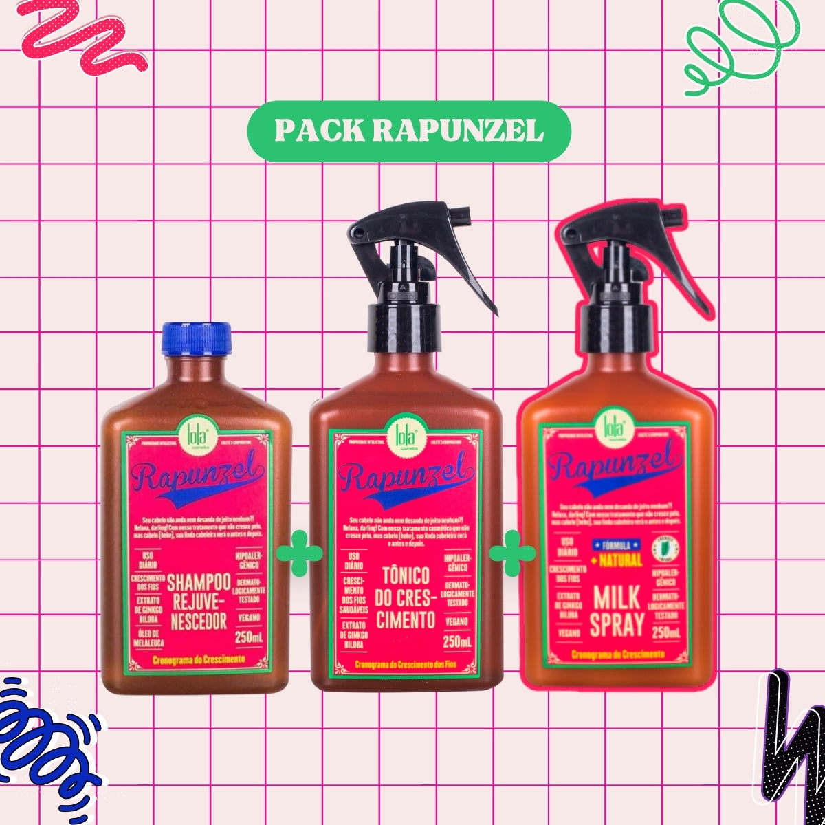 LOLA - Kit Rapunzel - Shampoo 250ml+ Tónico Crescimento 250ml + OFERTA Milk Spray 250ml