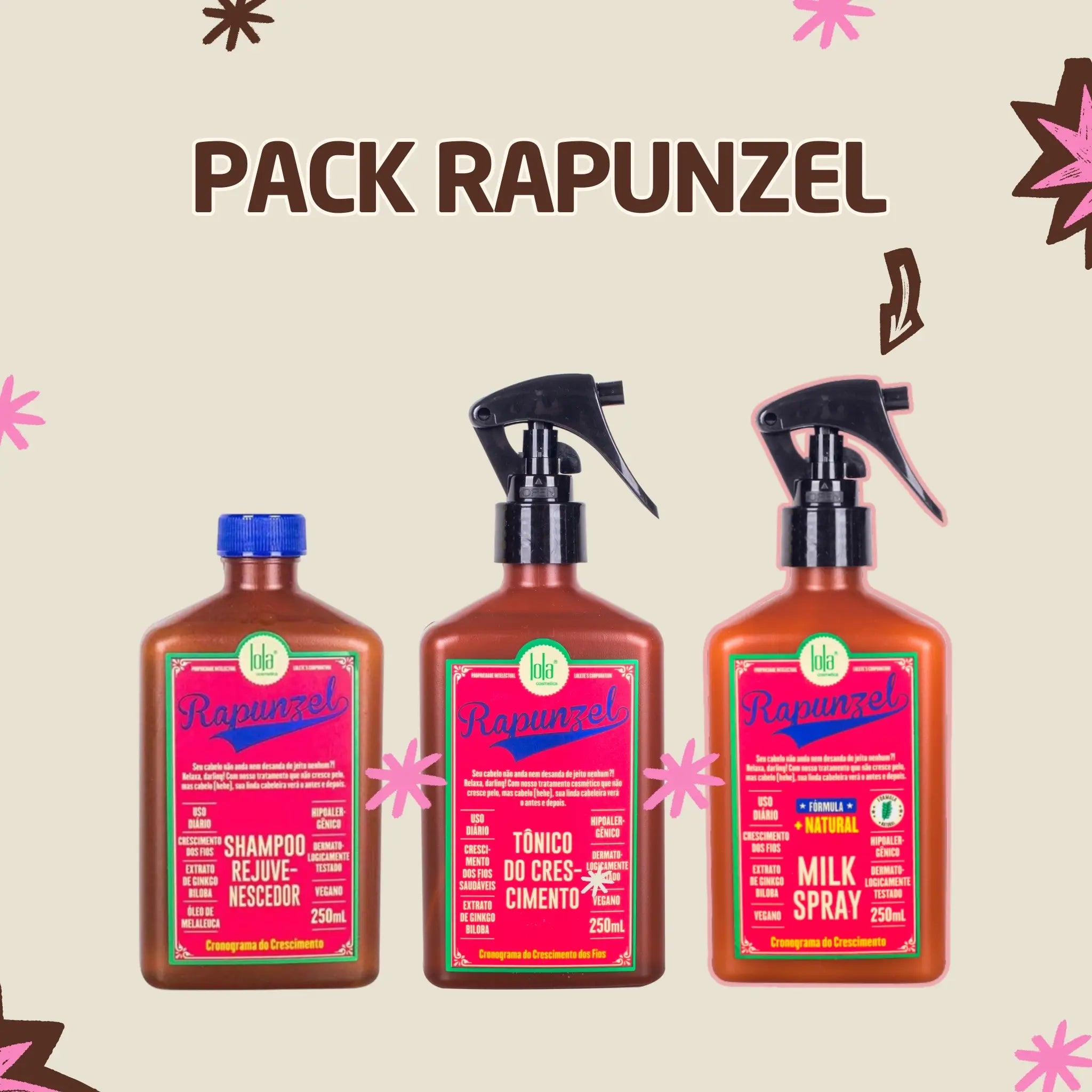 LOLA - Kit Rapunzel - Shampoo 250ml+ Tónico Crescimento 250ml + OFERTA Milk Spray 250ml