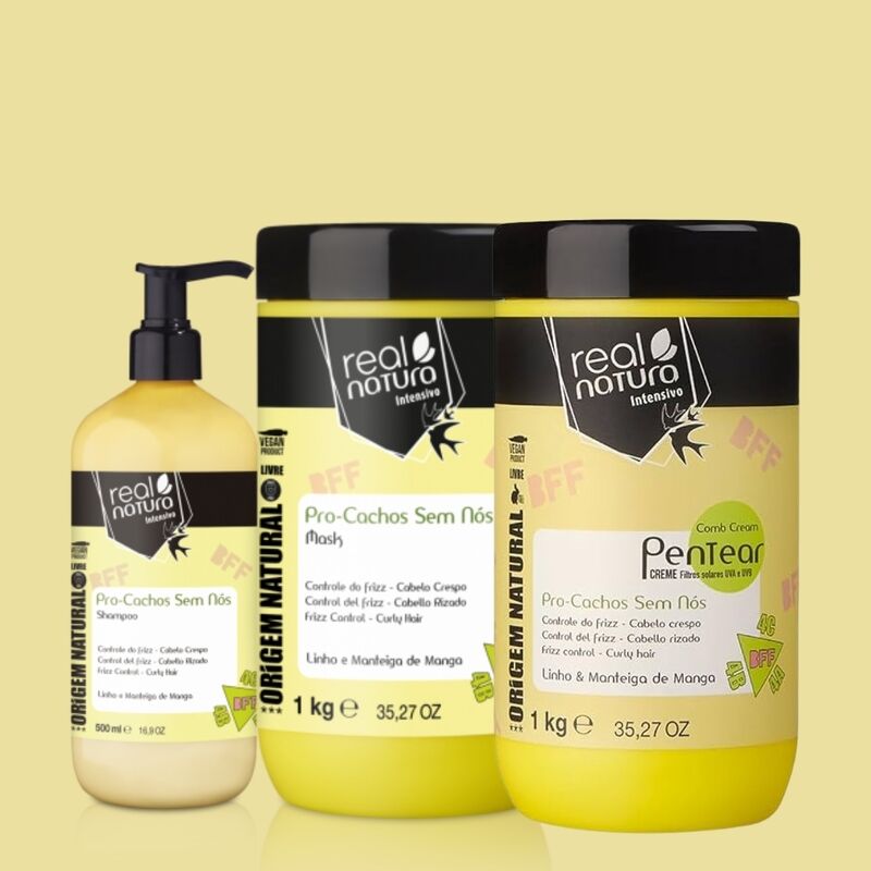 REAL NATURA - Kit Pro-Cachos Sem Nós - Shampoo + Máscara + Creme de Pentear BFF