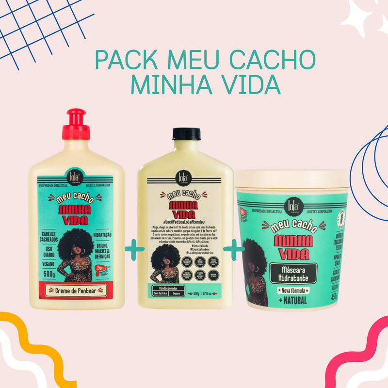 LOLA - KIT Meu Cacho Minha Vida - Creme de Pentear 500ml + Condicionador 500ml + Máscara 450gr